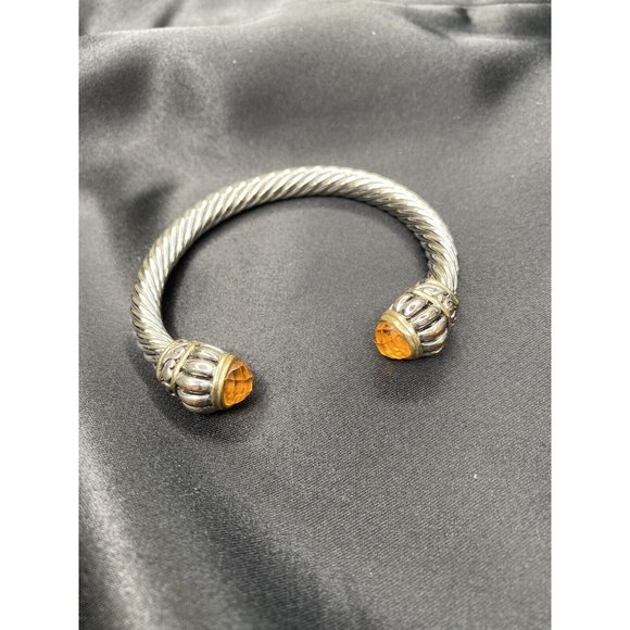 Mogul Style Gripoix Silver Tone Twisted Cable Cuff Bracelet With Amber Cabochon - Picture 3 of 11